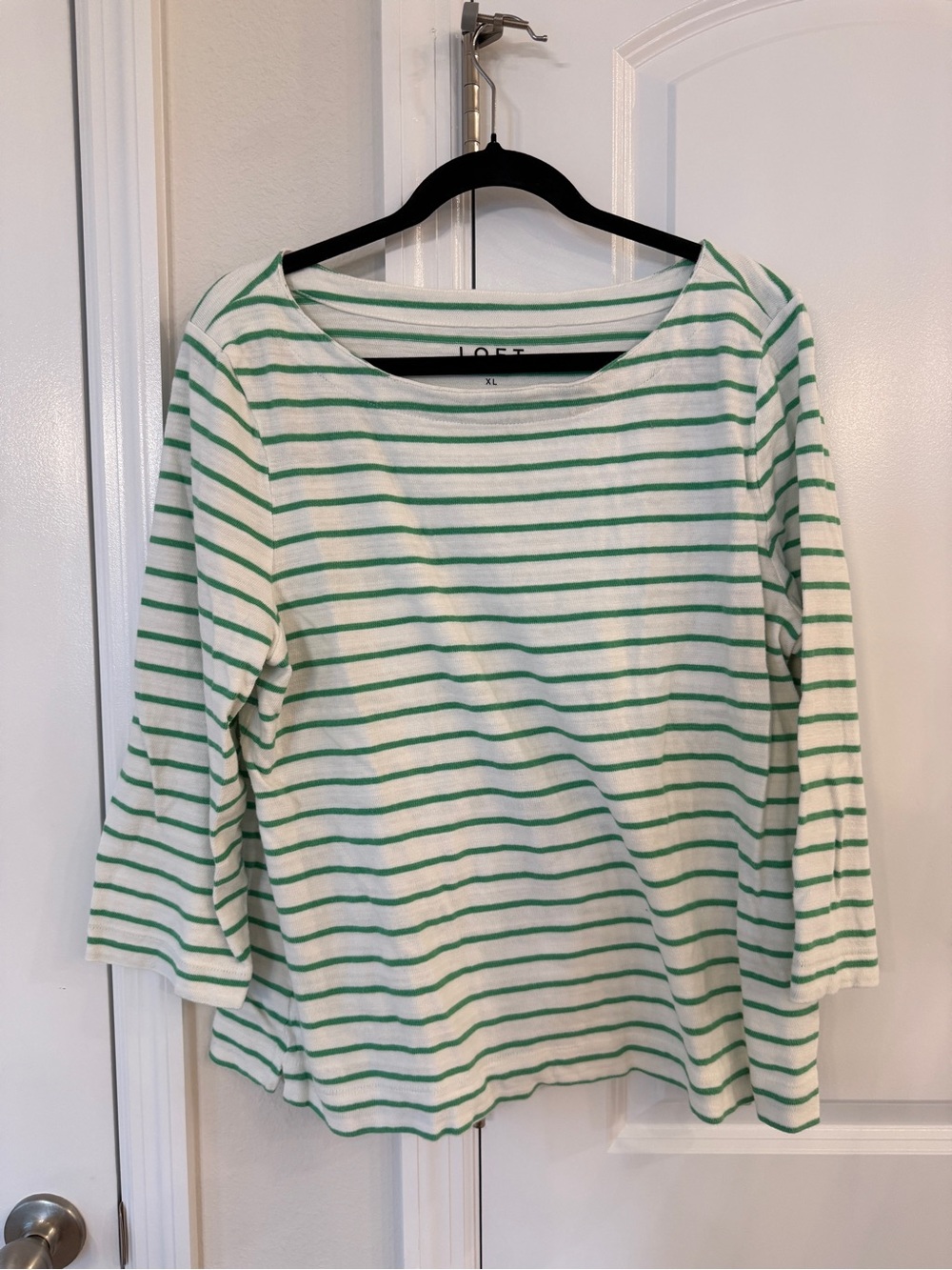 LOFT White and Green knit Striped Boatneck Long Sleeve Top